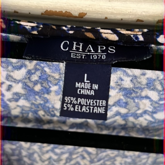 Chaps Blue Black Brown Tan Abstract Print Faux Wrap Dress Size Large - Picture 3 of 7